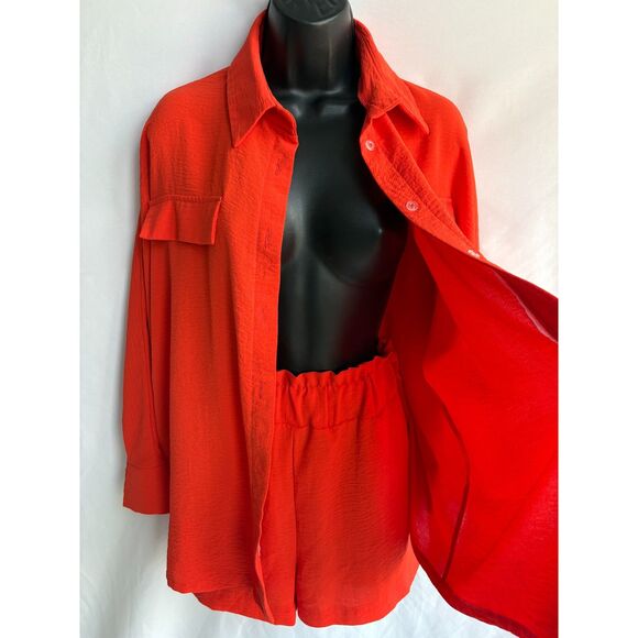 European Summer Two Piece Outfit Set Shirt and Shorts Size M/L Orange Beachy - Picture 1 of 12
